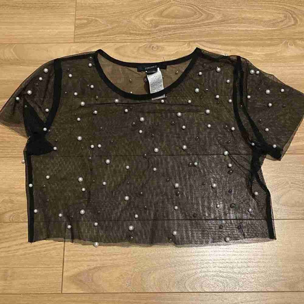 Sheer Black Crop Top with Pearl Accents